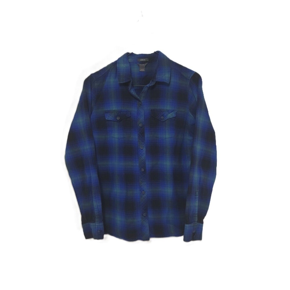 Eddie Bauer Flannel Shirt Womens S Blue Plaid Button Up Long Sleeve Cotton Top